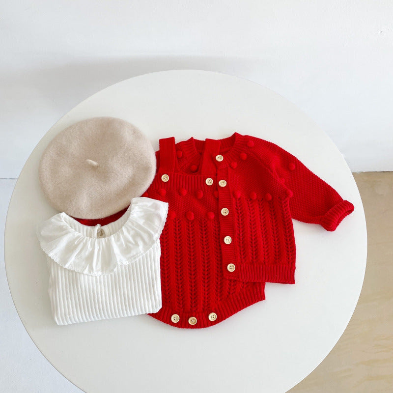 Conjunto de 2 Peças para Criança Cardigan e Macacão em Malha de Algodão com Pompons