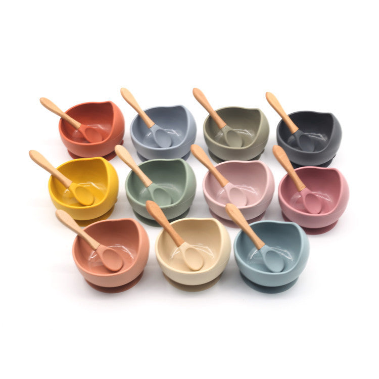 Conjunto de 2 Peças em Silicone para Alimentação Infantil – Tigela com Ventosa, Colher com Cabo em Madeira