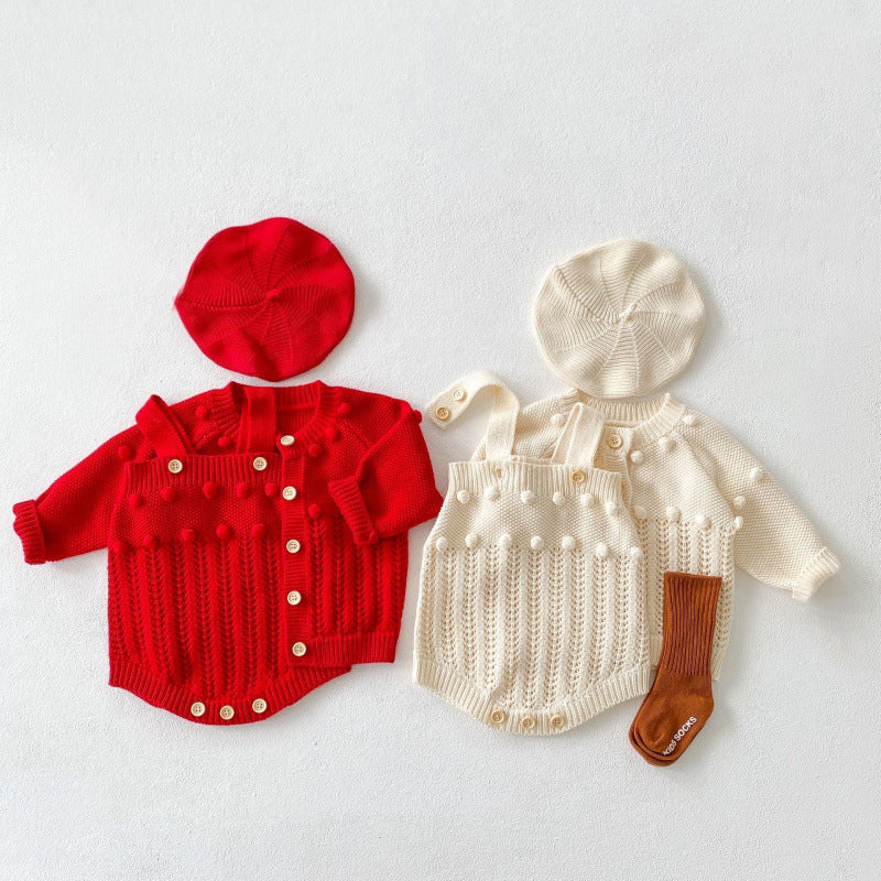 Conjunto de 2 Peças para Criança Cardigan e Macacão em Malha de Algodão com Pompons