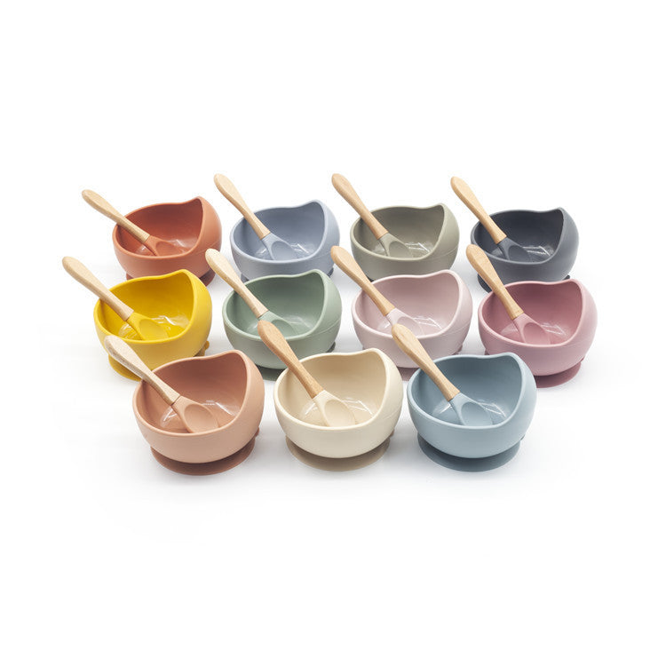 Conjunto de 2 Peças em Silicone para Alimentação Infantil – Tigela com Ventosa, Colher com Cabo em Madeira