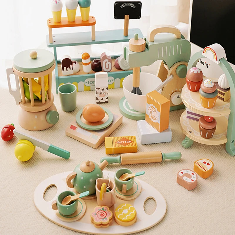 Conjunto de Brinquedos de Madeira – Máquina de Café, Conjunto de Chá, Bolos e Gelados