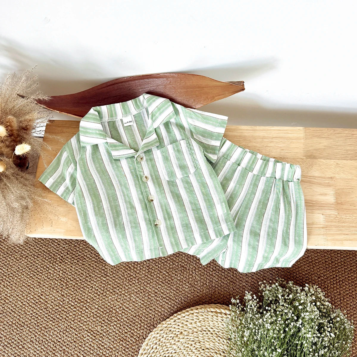 Conjunto de Verão para Bebé – Camisa com Gola e Calções às Riscas 2 Peças