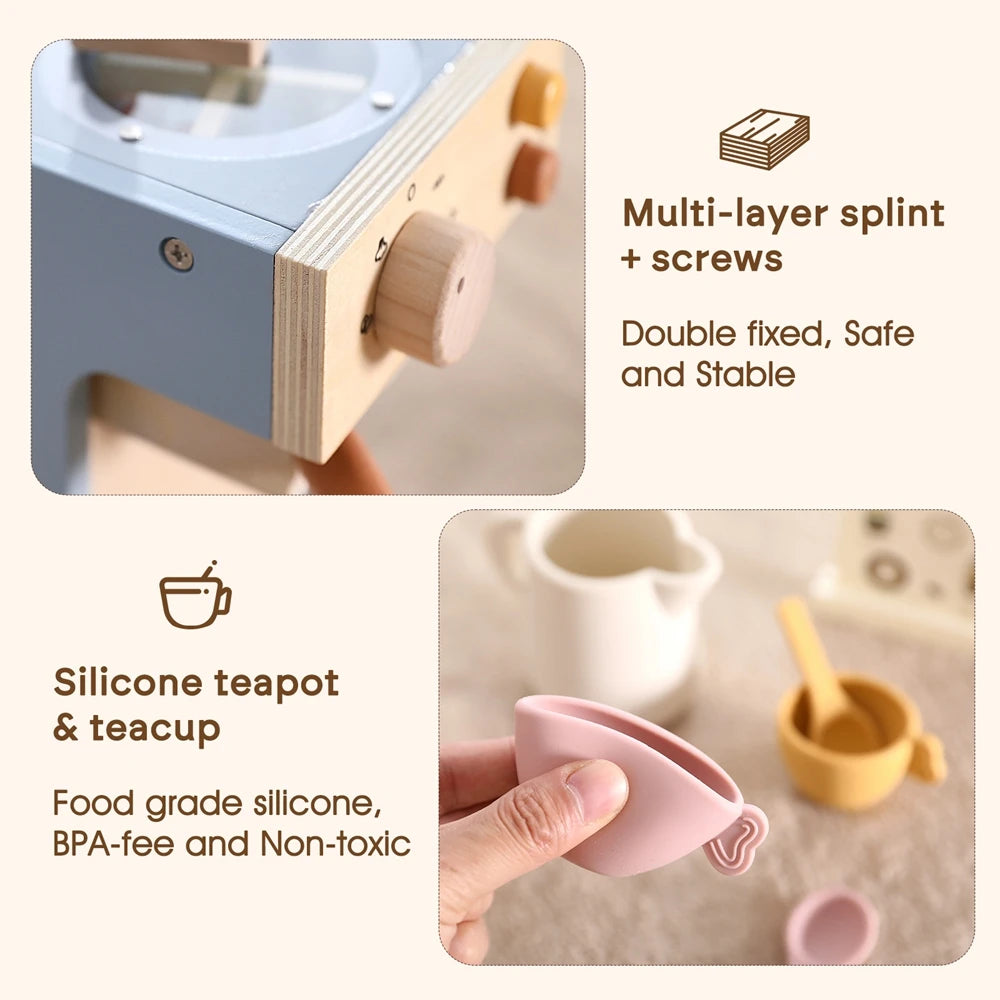 Conjunto de Brinquedos em Madeira – Jogo de Café com Bule de Silicone e Copos