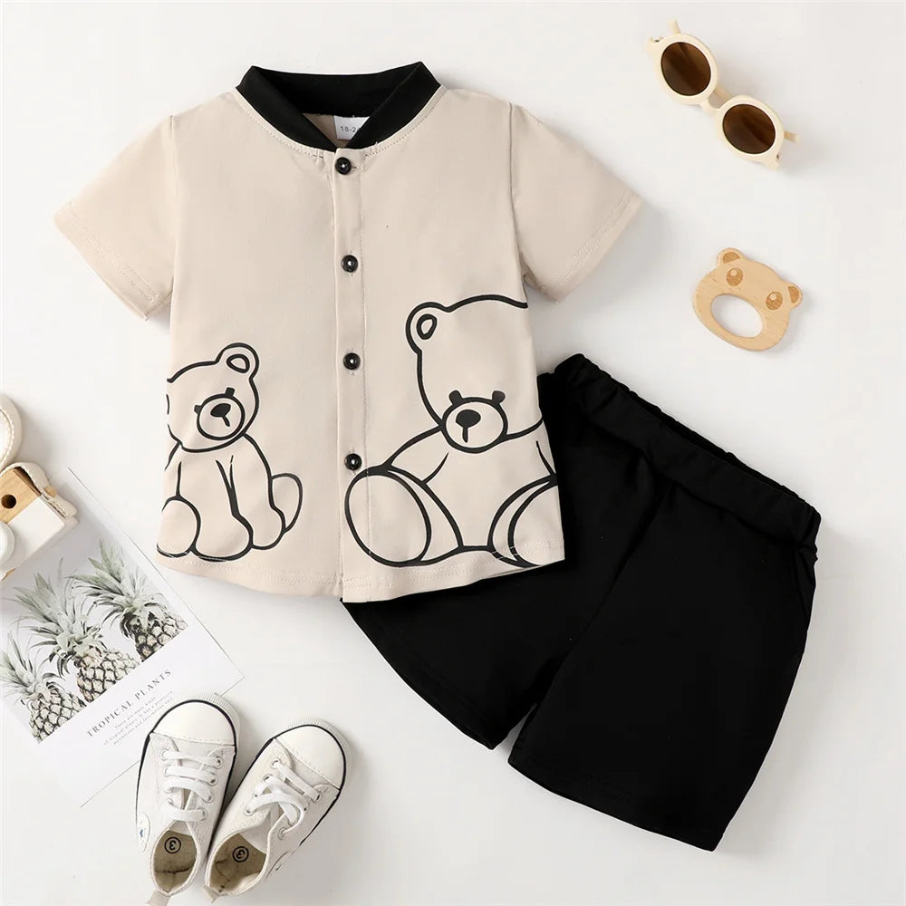 Conjunto de Verão para Menino Camisola com Estampa de Urso e Calções