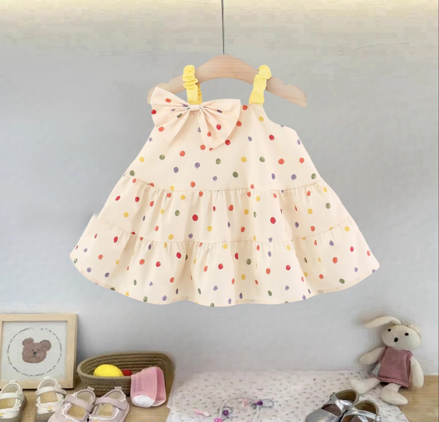 Vestido de Verão em Algodão para Menina – Padrão de Bolinhas Coloridas ou Xadrez com Laço