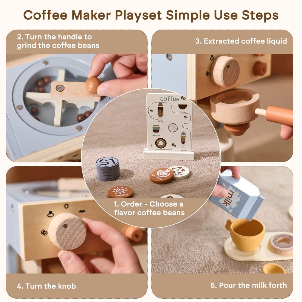 Conjunto de Brinquedos em Madeira – Jogo de Café com Bule de Silicone e Copos