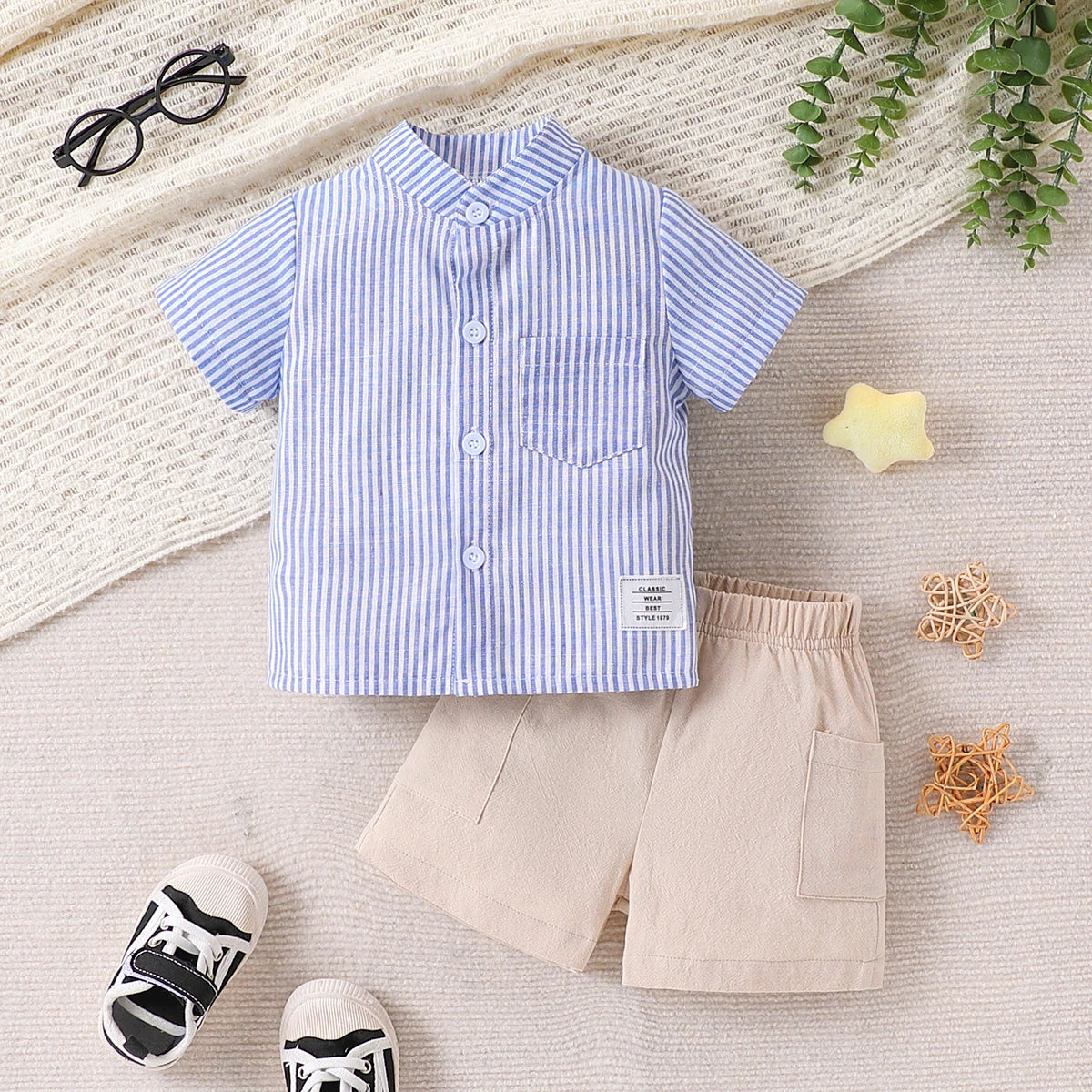 Conjunto 2 Peças Verão para Bebé Menino – Camisa às Riscas e Calções