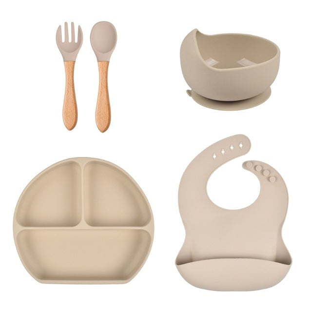 Conjunto de Refeição Infantil em Silicone – Prato, Tigela, Colher e Garfo