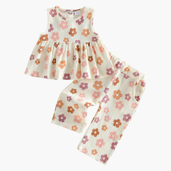 Conjunto Floral Menina – Top Fluído Sem Mangas e Calções com Bolsos