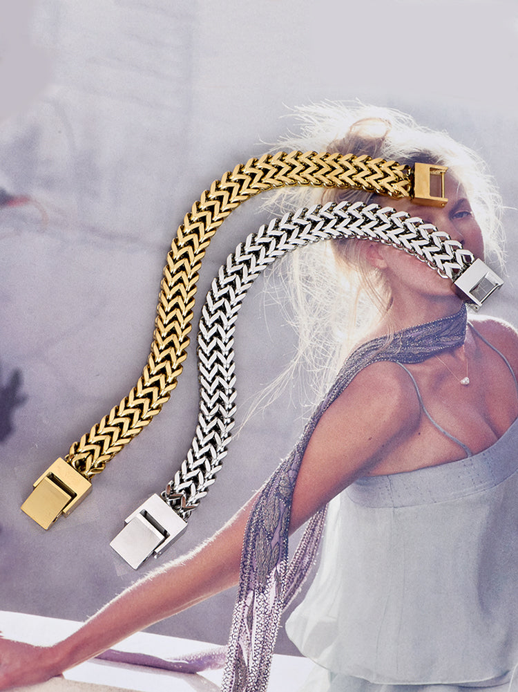 Pulseira Feminina de Corrente Dupla em Aço Titânio