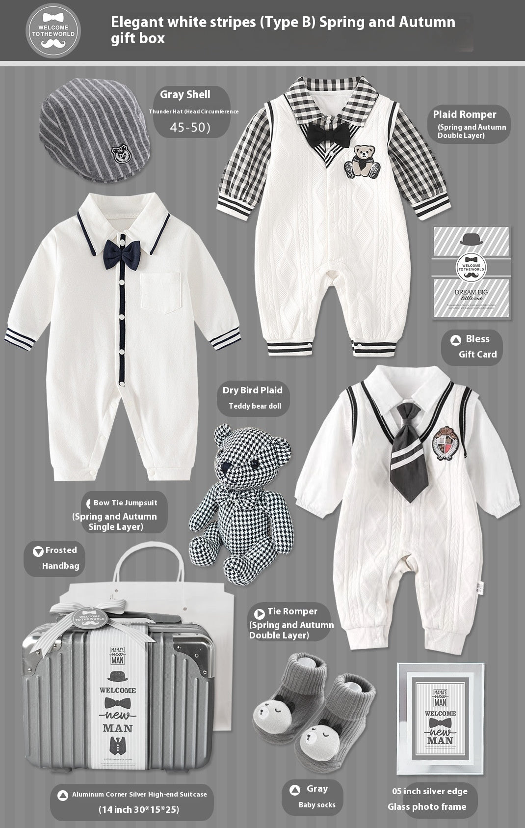 Conjunto com Mala para Bebé - Elegante Branco às Riscas Cinzento