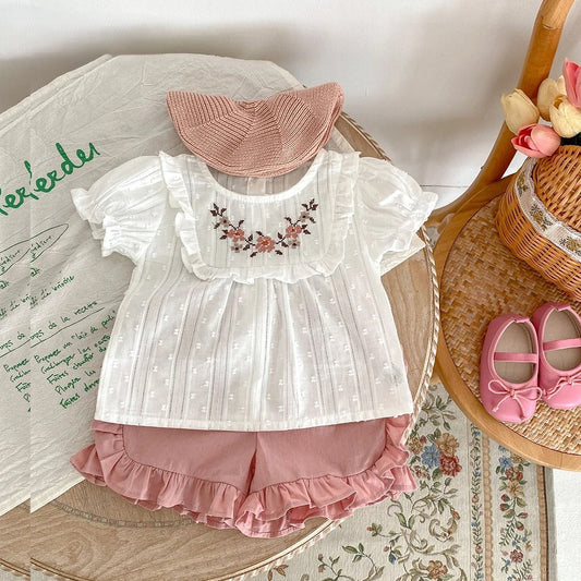 Conjunto de Verão para Menina – Blusa Bordada com Mangas Balão
