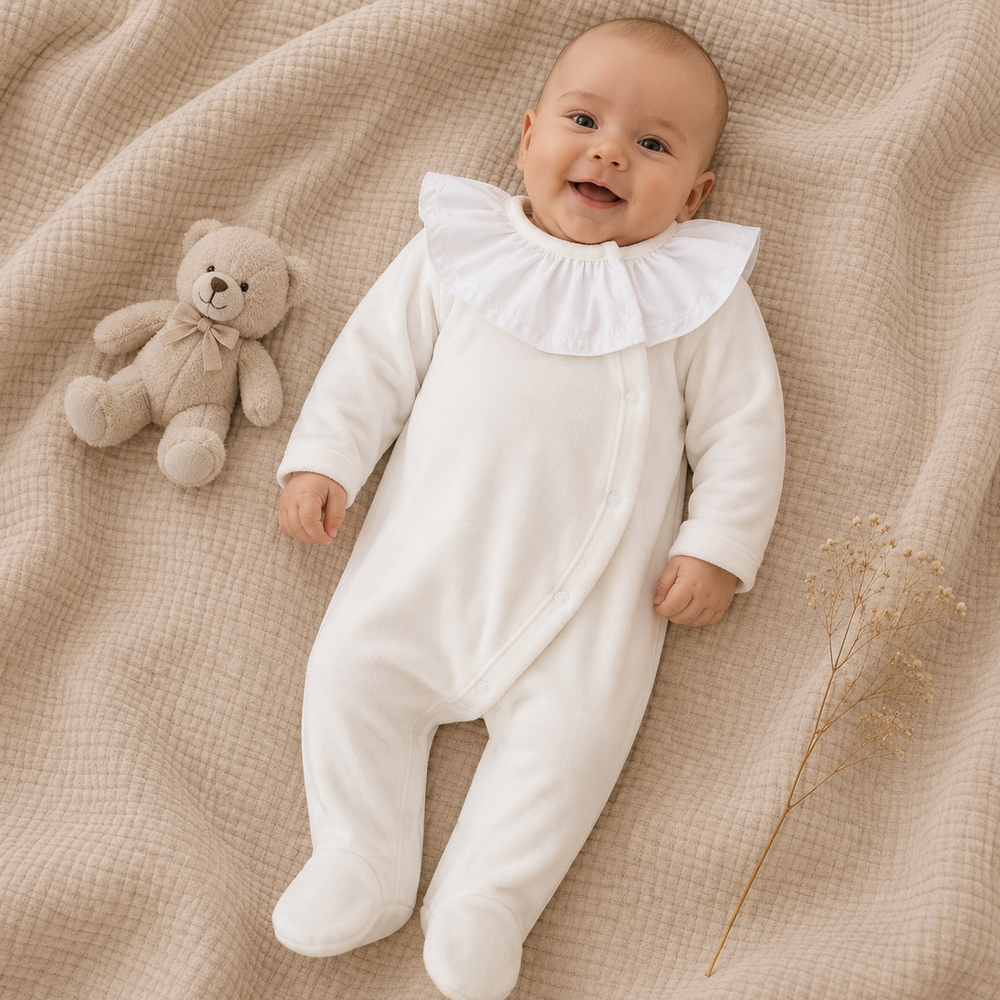Babygrow de Veludo Pérola com Gola de Folho
