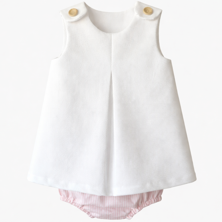 Conjunto Doce Encanto com Vestido Branco e Tapa-Fraldas Rosa