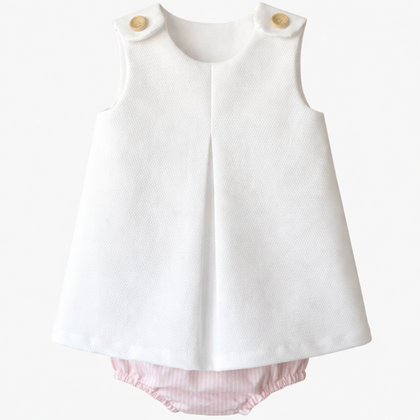 Conjunto Doce Encanto com Vestido Branco e Tapa-Fraldas Rosa