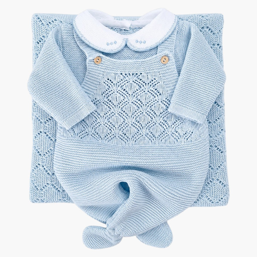 Conjunto de Malha para Bebé Azul Bebé Jardineira, Gorro Camisola e Calças com Pé