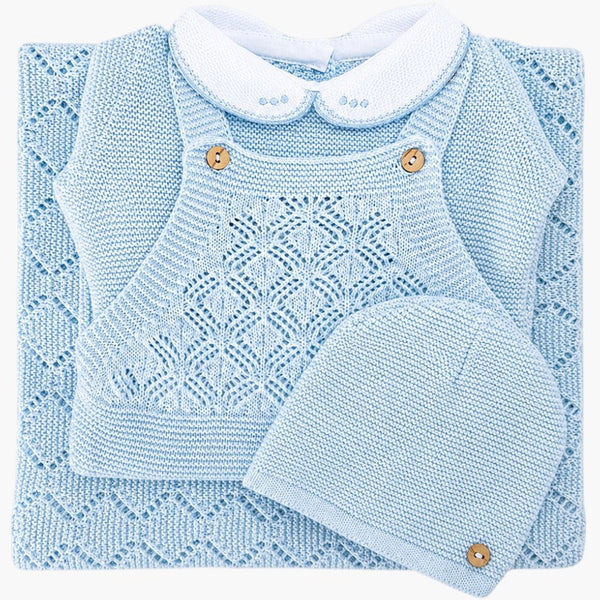 Conjunto de Malha para Bebé Azul Bebé Jardineira, Gorro Camisola e Calças com Pé
