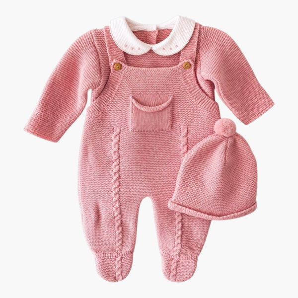 Conjunto de Malha para Bebé Rosa Jardineira, Camisola, Gorro LOLO