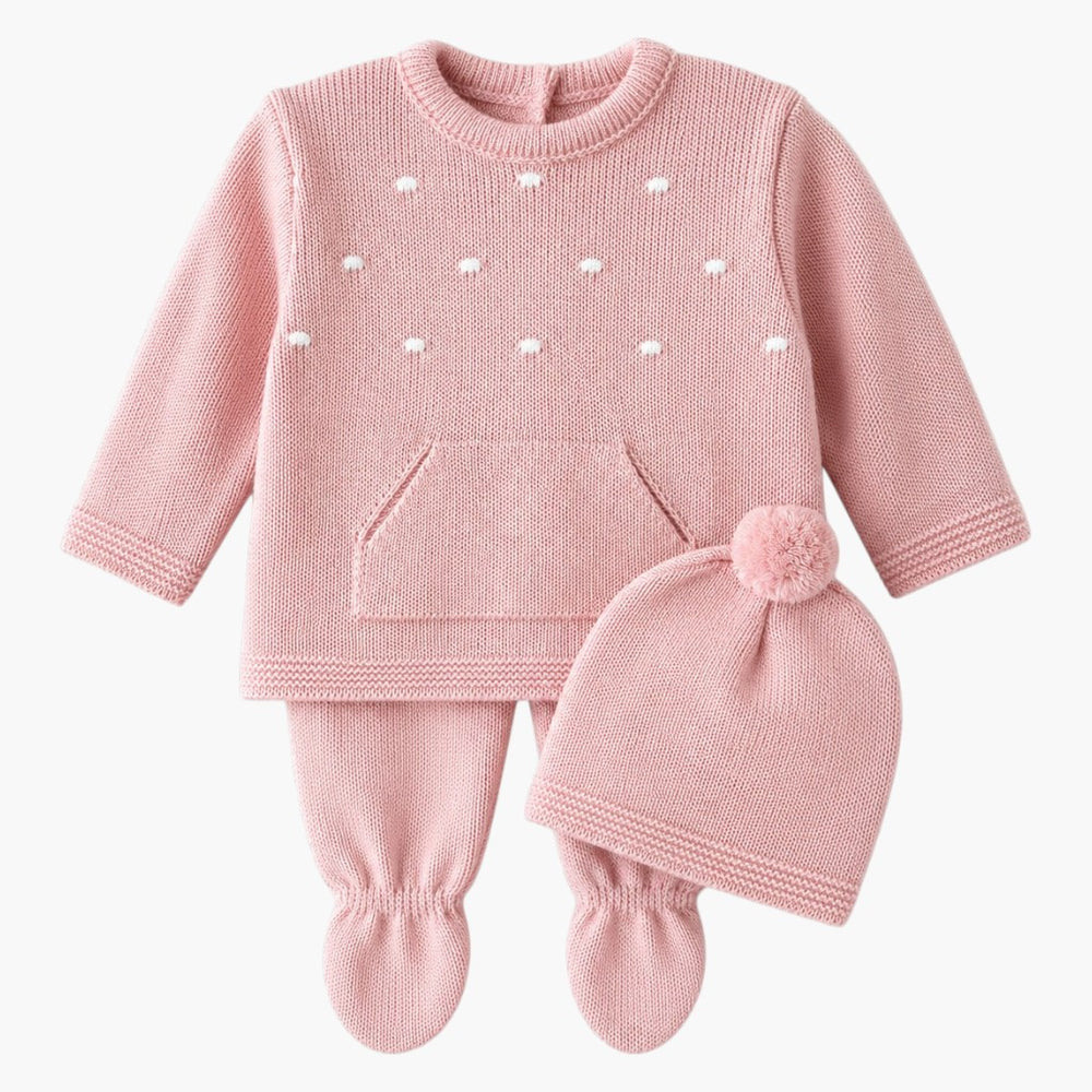 Conjunto de Malha para Bebé Rosa com Gorro Camisola e Calças com Pé LOLO