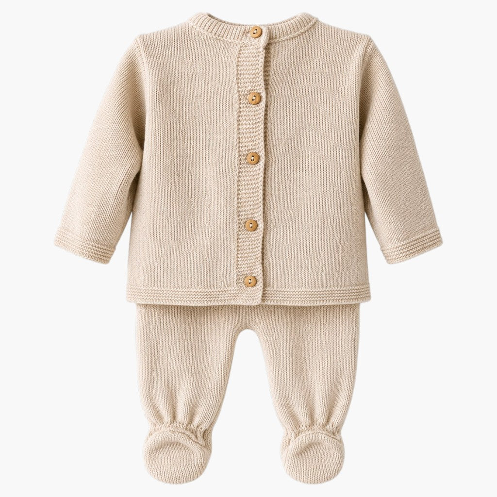 Conjunto de Malha para Bebé Bege Camisola, Calças com Pé e Gorro LOLO