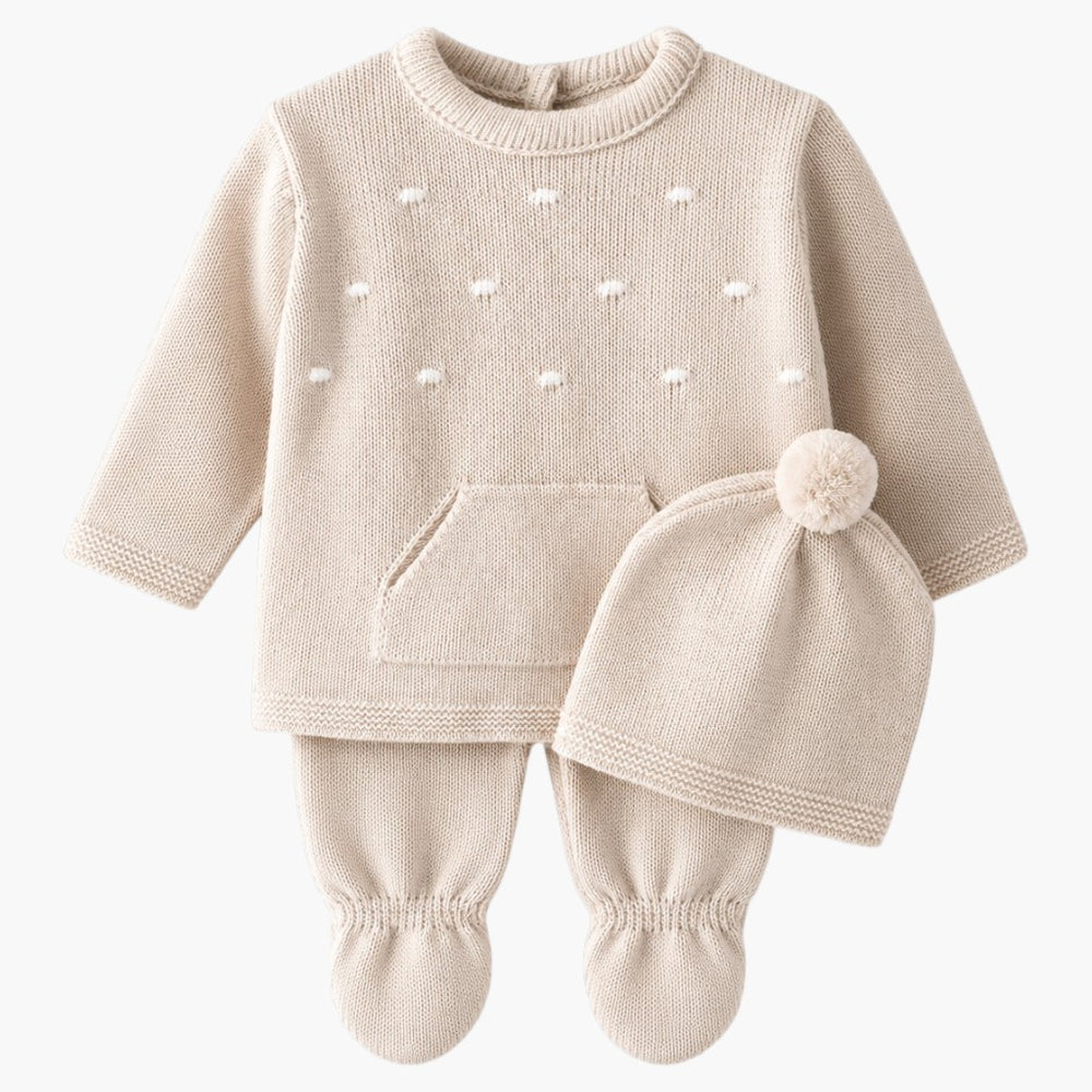 Conjunto de Malha para Bebé Bege Camisola, Calças com Pé e Gorro LOLO