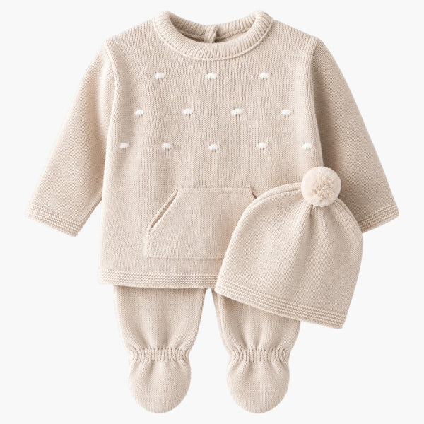 Conjunto de Malha para Bebé Bege Camisola, Calças com Pé e Gorro LOLO