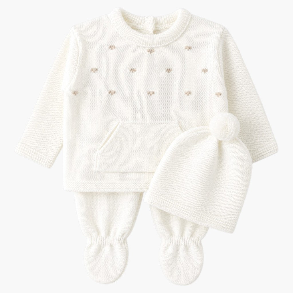 Conjunto de Malha para Bebé Branco Pérola Camisola, Calças com Pé e Gorro LOLO