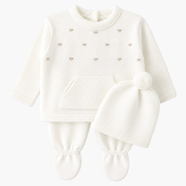 Conjunto de Malha para Bebé Branco Pérola Camisola, Calças com Pé e Gorro LOLO