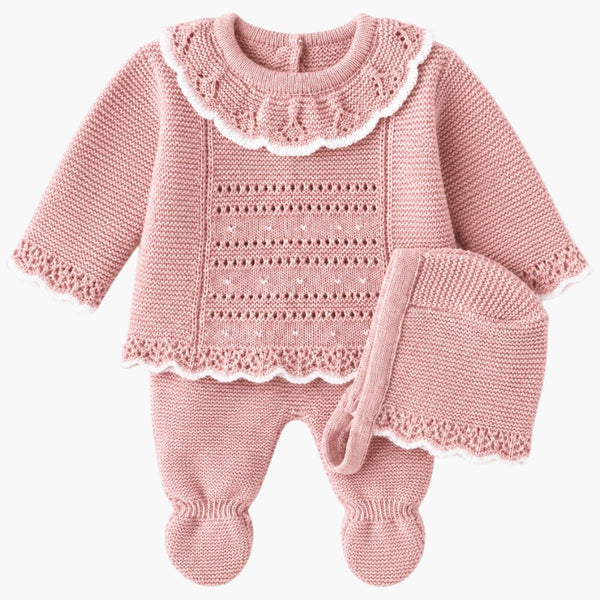 Conjunto de Malha para Bebé Rosa Antigo com Gola Rendilhada Camisola, Calças com Pé e Touca LOLO