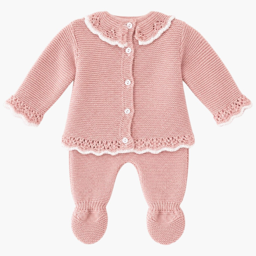 Conjunto de Malha para Bebé Rosa Antigo com Gola Rendilhada Camisola, Calças com Pé e Touca LOLO