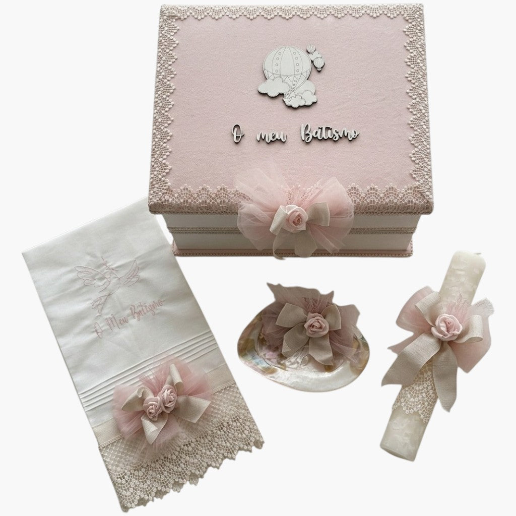 Conjunto de Batismo Rosa Sonho em Linho com Bordado Personalizável