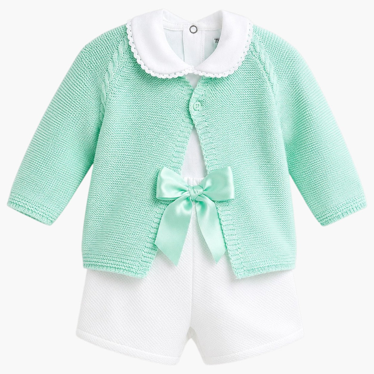 Conjunto de Bebé Verde Água com Casaco de Malha de Algodão, Body e Calção