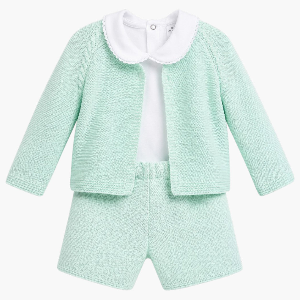 Conjunto de Bebé Verde Água com Casaco de Malha, Polo Branco e Calção