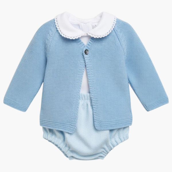 Conjunto de Bebé Azul com Casaco de Malha e Tapa-Fraldas