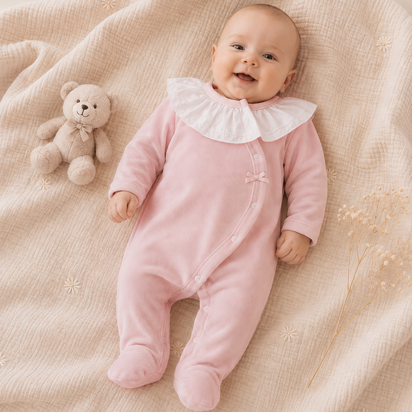 Babygrow de Veludo Rosa Pastel com Gola de Folho
