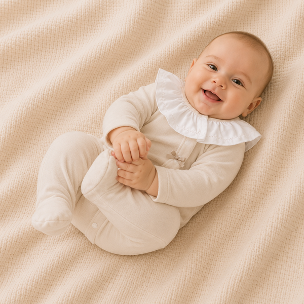 Babygrow de Veludo Bege com Gola Branca de Folho