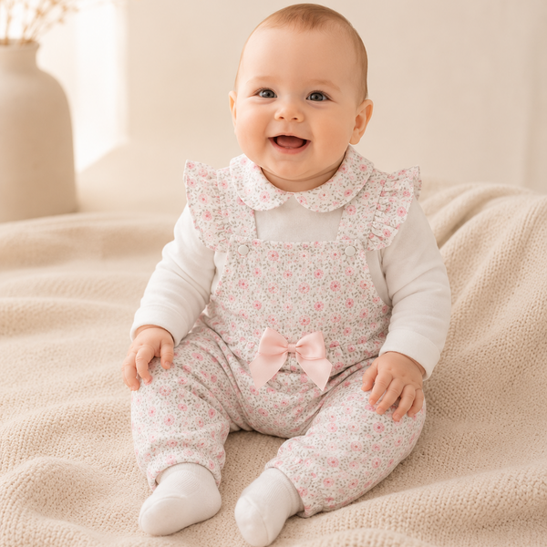 Conjunto Macacão Jardineira Bebê Floral Rosa com Camisa