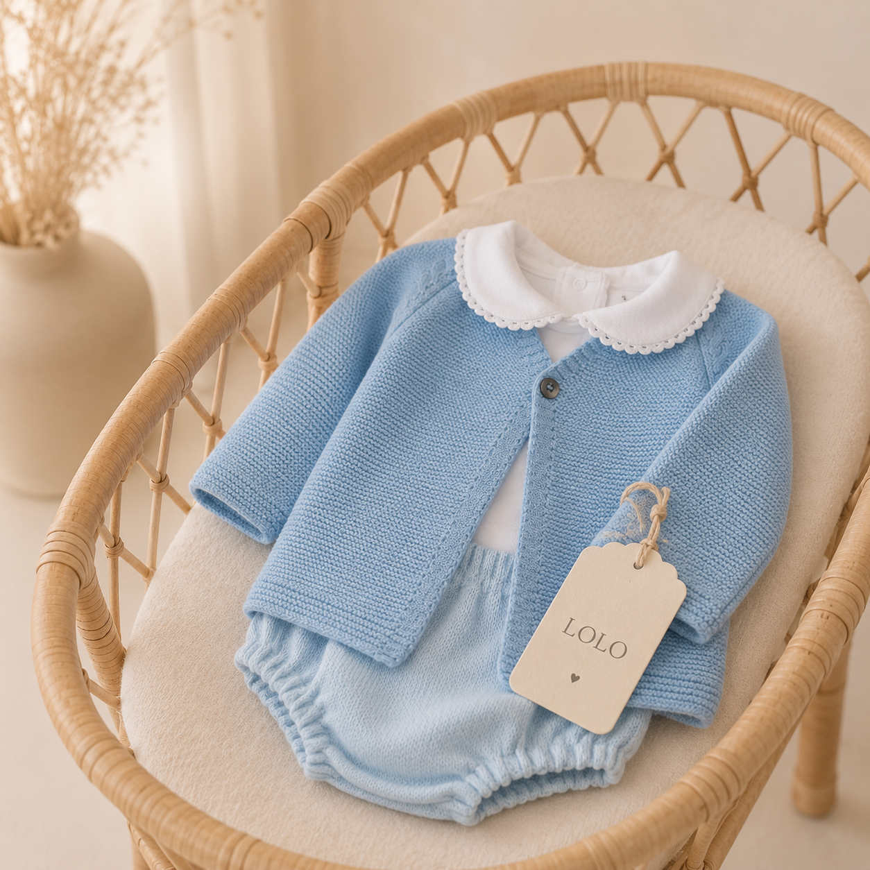 Conjunto de Bebé Azul com Casaco de Malha e Tapa-Fraldas