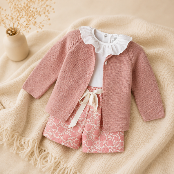 Conjunto Rosa com Casaco de Malha, Camisola e Calções