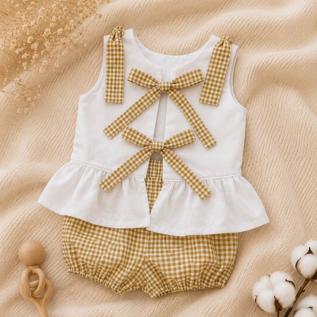 Conjunto Vichy Mostarda Elegância Clássica para os Primeiros Momentos