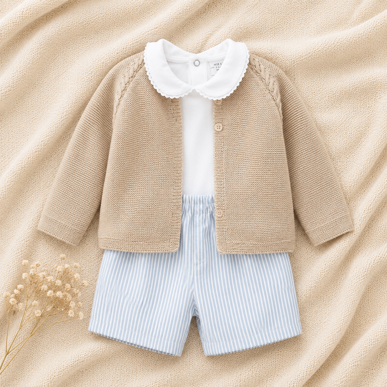 Conjunto de Bebé com Casaco de Malha Bege, Polo Branco e Calção às Riscas Azul