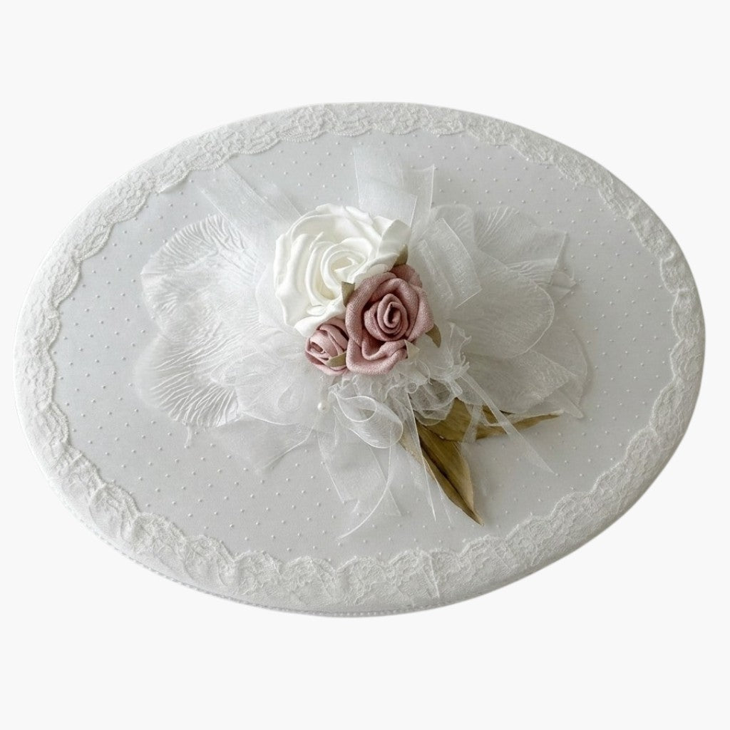 Caixa Oval de Batismo Luxury White com Flores Artesanais
