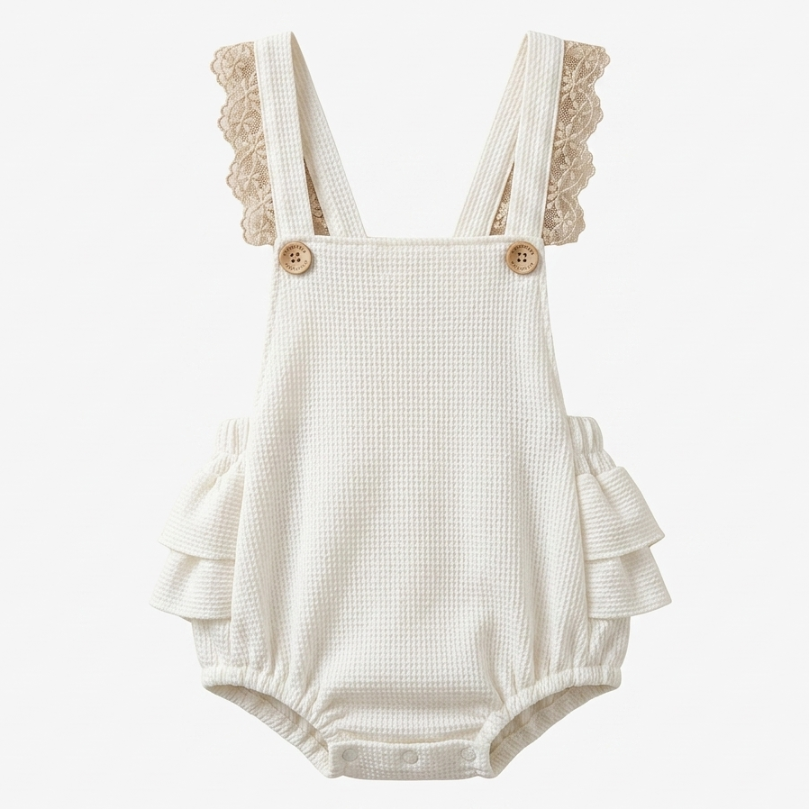 Romper Encanto Natural Off-White com Renda e Laço