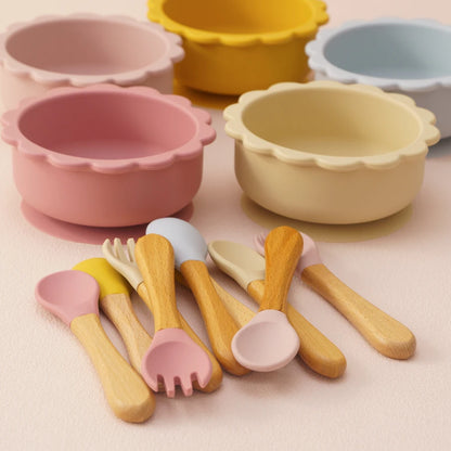 Conjunto de Alimentação Infantil 3 em 1 - Taça, Colher e Garfo em Silicone com Design de Animais