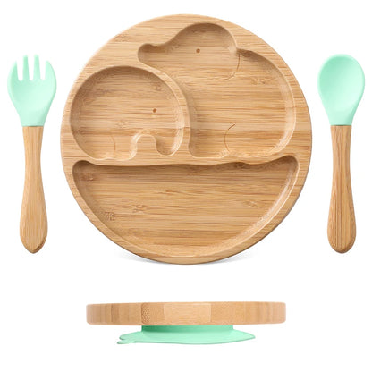1pcs/3pcs Wooden Feeding Tableware Sets Baby Feeding Bowl Bamboo Non-slip Waterproof Fork Spoon for kids Baby Wooden Plate