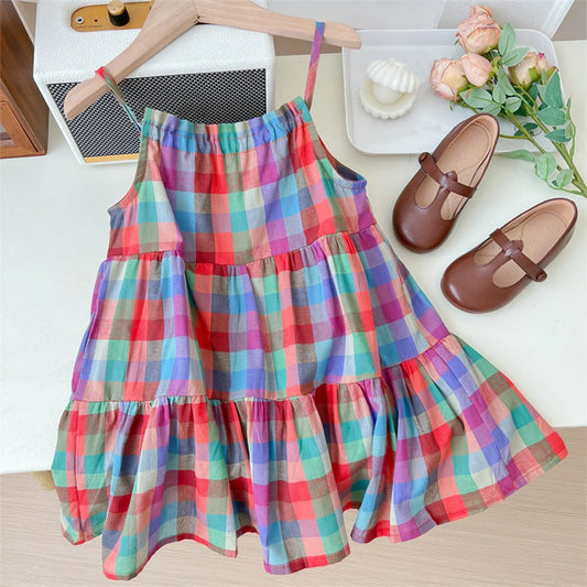 Vestido de Verão para Menina – Estilo Casual com Alças e Padrão aos Quadrados Coloridos