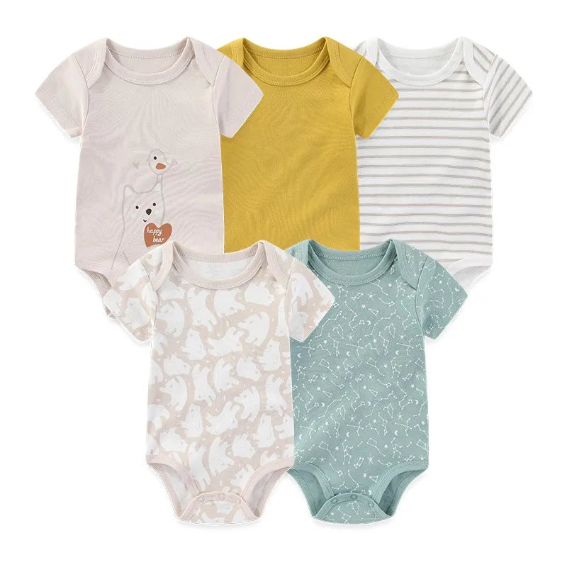 Conjunto de 4 ou 5 Bodys para Bebé - Manga Curta em Algodão Estampado