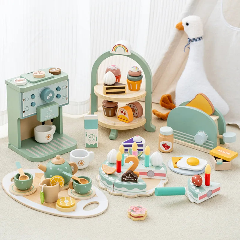 Conjunto de Brinquedos de Madeira – Máquina de Café, Conjunto de Chá, Bolos e Gelados