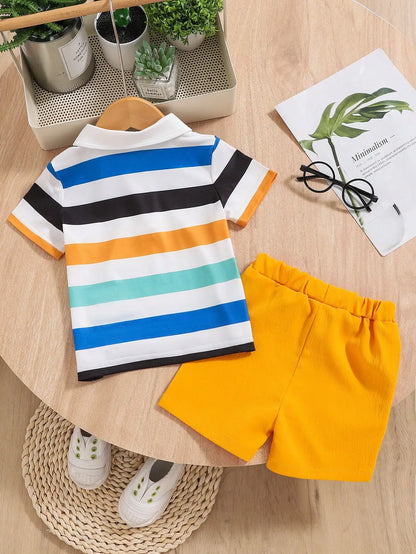 Conjunto Casual de Verão para Menino – Camisa às Riscas com Gola Lapela e Calções
