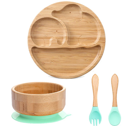 1pcs/3pcs Wooden Feeding Tableware Sets Baby Feeding Bowl Bamboo Non-slip Waterproof Fork Spoon for kids Baby Wooden Plate